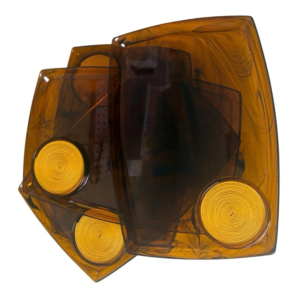 Vintage Mid Century Modern Tortoise Shell Snack Trays with Coaster Set of 4